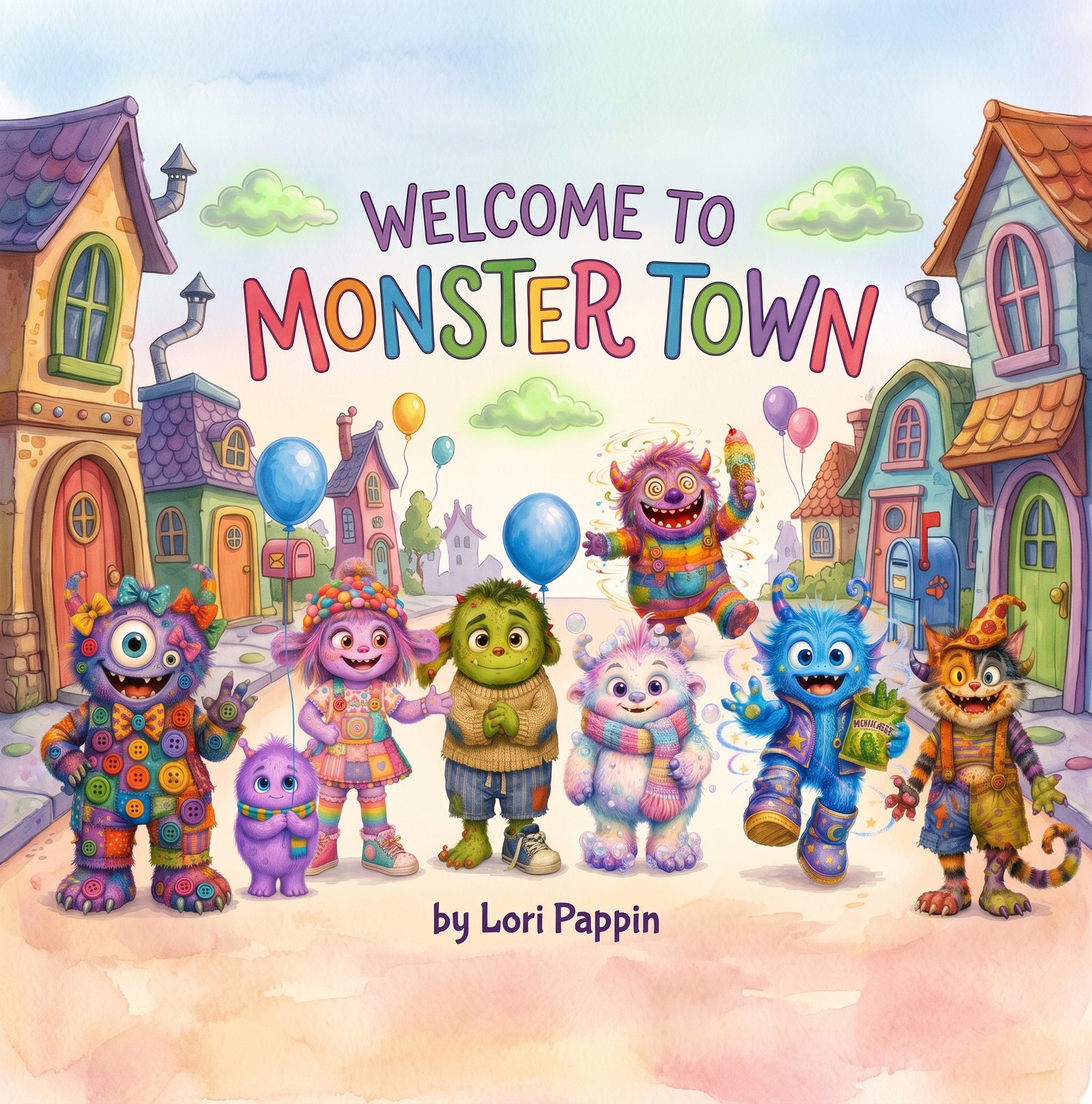 Original book cover of Welcome to Monster Town by Lori Pappin, featuring colorful friendly monsters in a whimsical town